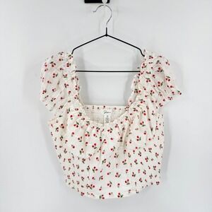 Japna Cherry Print Smocked Crop Top White‎ XL Cottagecore Coquette Fruit Picnic